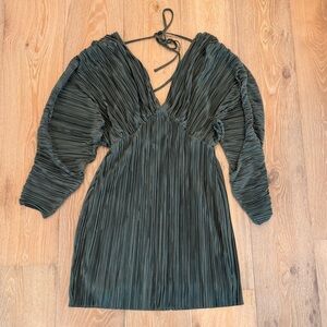 Plissé V-Neck Pleated Mini Dress in Olive Green